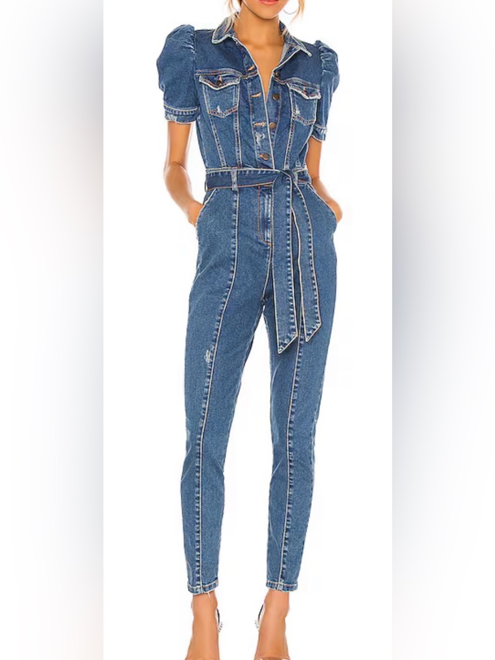 Retrofete Tori Denim Puff-Sleeve Belted Jumpsuit Blue Size Small